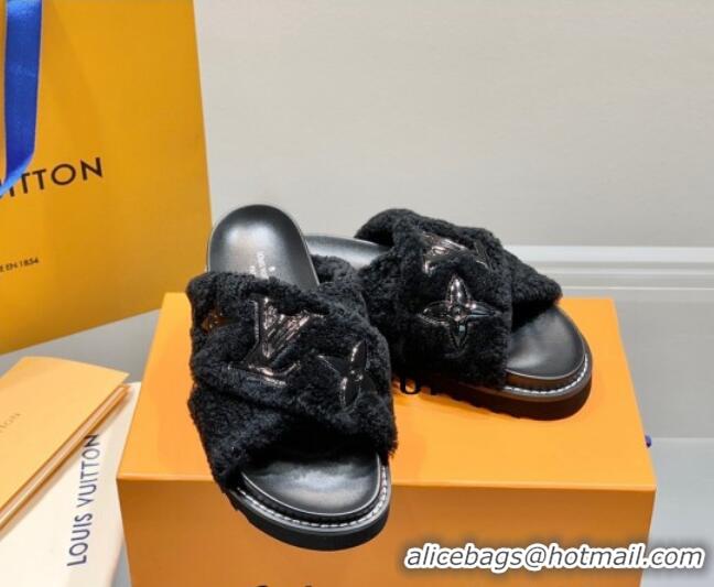 Duplicate Louis Vuitton Paseo Shearling Flat Comfort Slide Sandals Black 030725