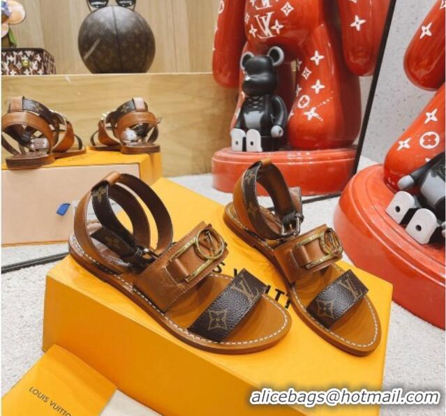 Luxury Discount Louis Vuitton Academy Flat Sandals Brown 030726