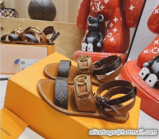 Luxury Discount Louis Vuitton Academy Flat Sandals Brown 030726