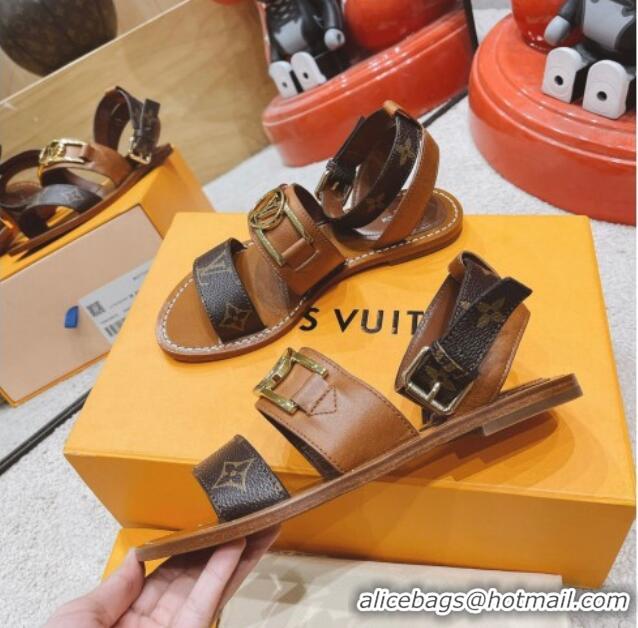 Luxury Discount Louis Vuitton Academy Flat Sandals Brown 030726