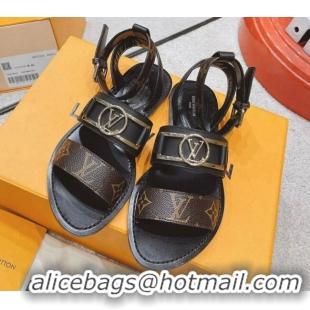 Luxury Louis Vuitton Academy Flat Sandals Black 030727