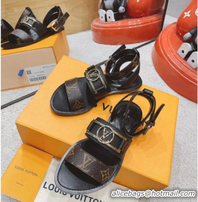 Luxury Louis Vuitton Academy Flat Sandals Black 030727