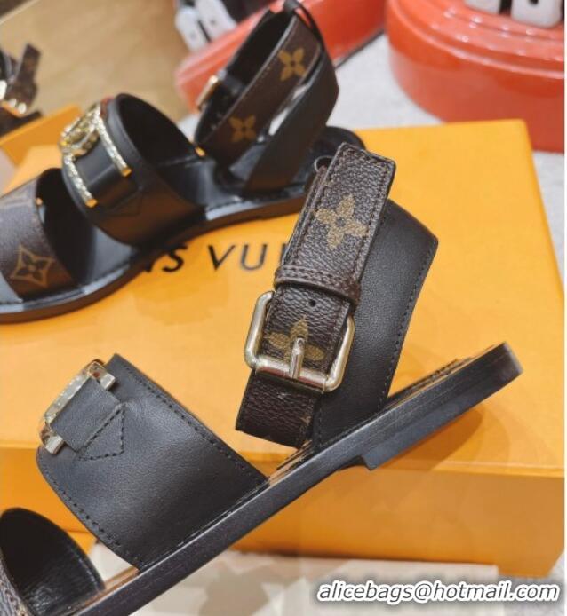 Luxury Louis Vuitton Academy Flat Sandals Black 030727