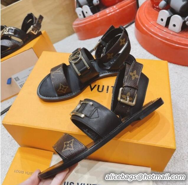 Luxury Louis Vuitton Academy Flat Sandals Black 030727