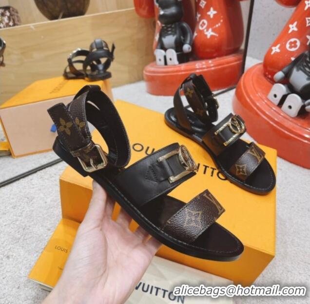 Luxury Louis Vuitton Academy Flat Sandals Black 030727