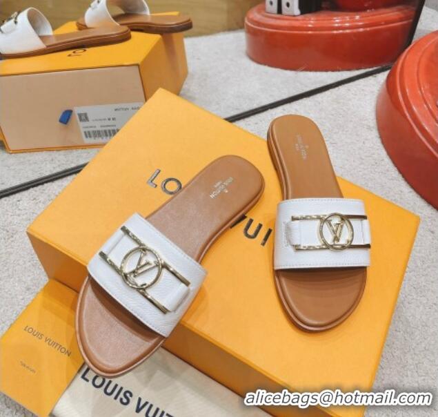 Most Popular Louis Vuitton Lock It Flat Leather Slide Sandals with LV Circle White 030729