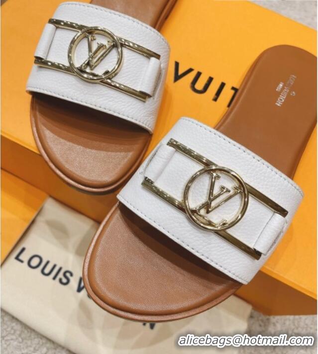 Most Popular Louis Vuitton Lock It Flat Leather Slide Sandals with LV Circle White 030729