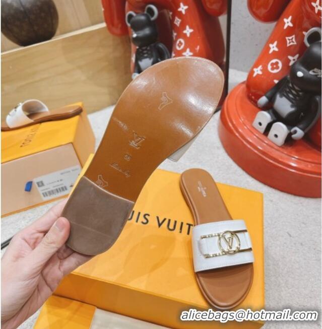 Most Popular Louis Vuitton Lock It Flat Leather Slide Sandals with LV Circle White 030729