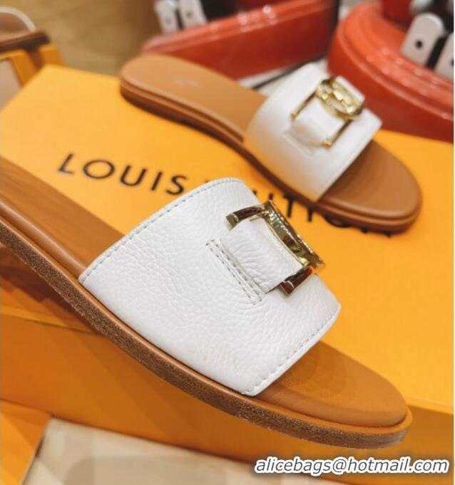 Most Popular Louis Vuitton Lock It Flat Leather Slide Sandals with LV Circle White 030729