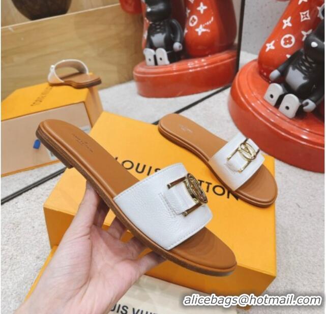 Most Popular Louis Vuitton Lock It Flat Leather Slide Sandals with LV Circle White 030729