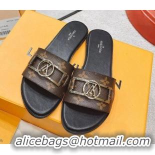 Good Quality Louis Vuitton Lock It Flat Leather Slide Sandals with LV Circle Monogram Canvas 030730