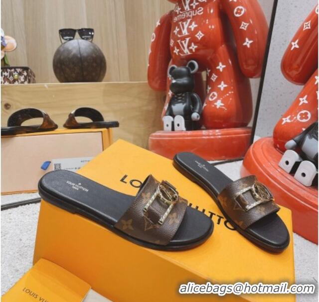 Good Quality Louis Vuitton Lock It Flat Leather Slide Sandals with LV Circle Monogram Canvas 030730