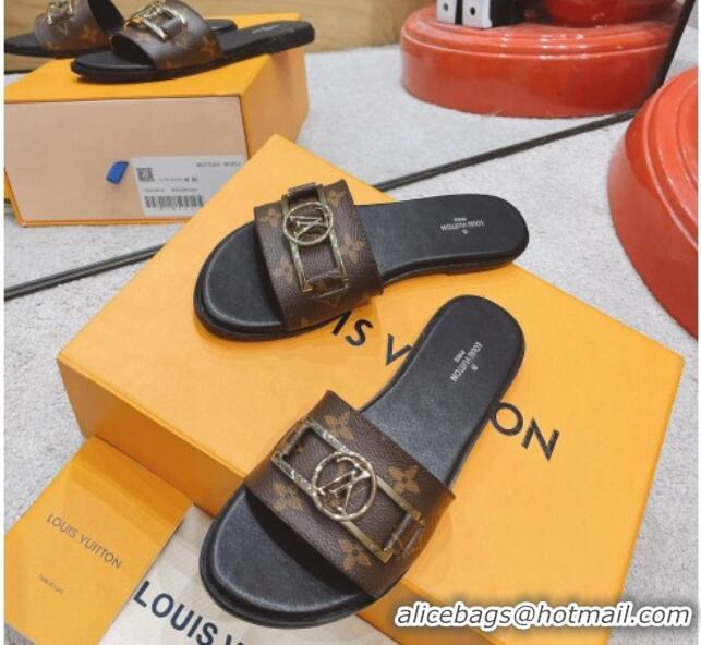 Good Quality Louis Vuitton Lock It Flat Leather Slide Sandals with LV Circle Monogram Canvas 030730