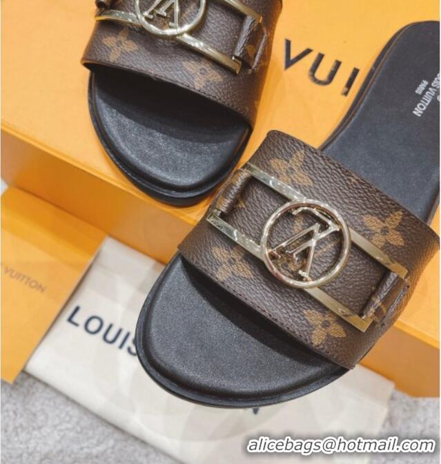 Good Quality Louis Vuitton Lock It Flat Leather Slide Sandals with LV Circle Monogram Canvas 030730