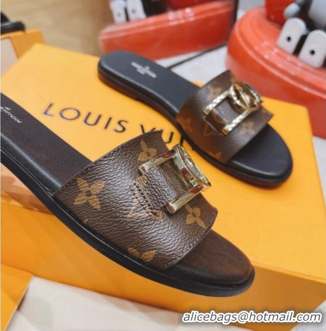 Good Quality Louis Vuitton Lock It Flat Leather Slide Sandals with LV Circle Monogram Canvas 030730