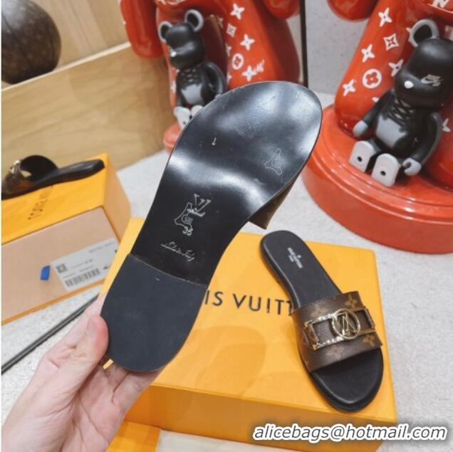 Good Quality Louis Vuitton Lock It Flat Leather Slide Sandals with LV Circle Monogram Canvas 030730