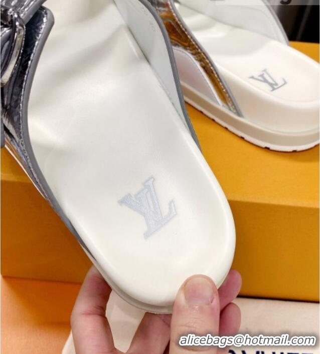 Stylish Louis Vuitton Men's LV Trainer Flat Slide Sandals Silver 030774