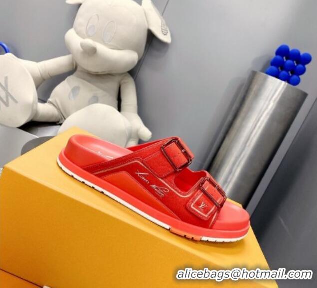 Perfect Louis Vuitton Men's LV Trainer Flat Slide Sandals Red 030777