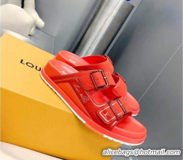 Perfect Louis Vuitton Men's LV Trainer Flat Slide Sandals Red 030777