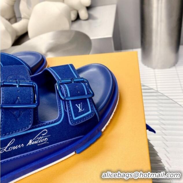 Best Price Louis Vuitton Men's LV Trainer Flat Slide Sandals Blue 030779