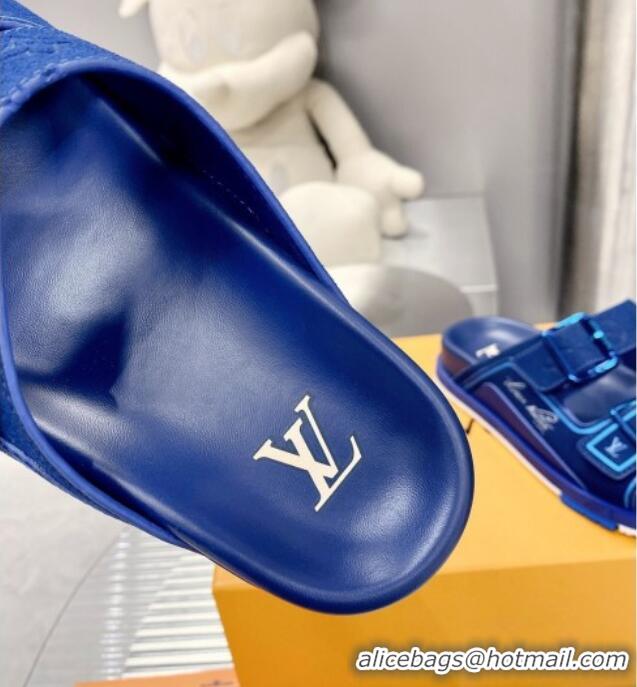 Best Price Louis Vuitton Men's LV Trainer Flat Slide Sandals Blue 030779