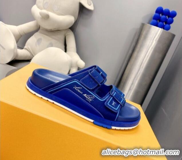 Best Price Louis Vuitton Men's LV Trainer Flat Slide Sandals Blue 030779