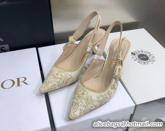 Luxury Dior J'Adior Slingback Pumps 6.5cm in Quake Oblique Embroidery White/Gold 021589