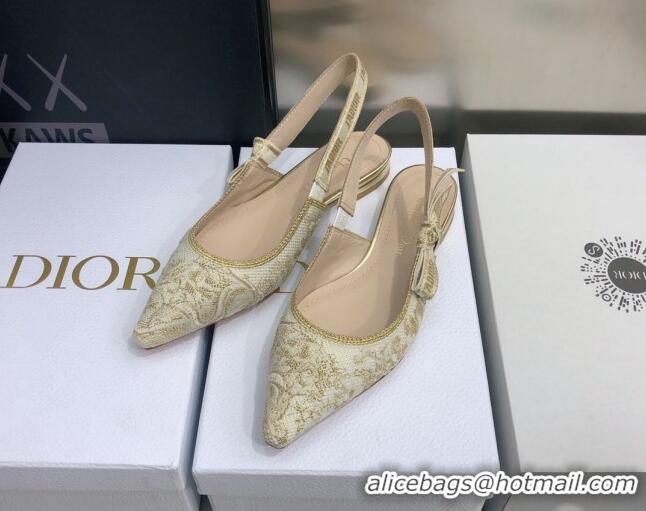 Cheap Price Dior J'Adior Slingback Ballerina Flat in Quake Oblique Embroidery White/Gold 021590