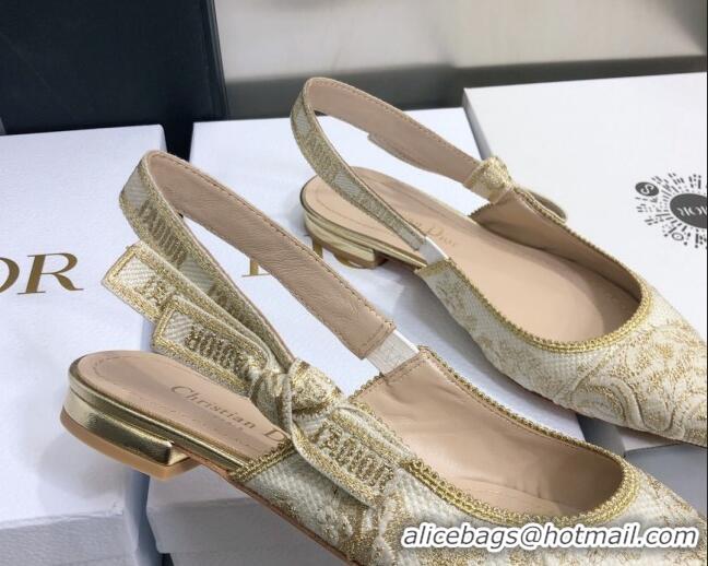 Cheap Price Dior J'Adior Slingback Ballerina Flat in Quake Oblique Embroidery White/Gold 021590