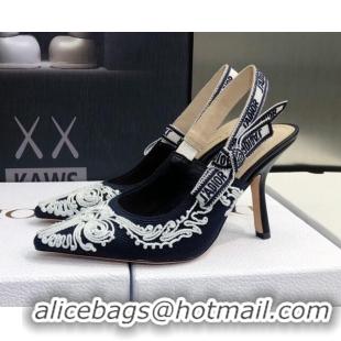 Stylish Dior J'Adior Slingback Pumps 9.5cm in Deep Blue and White Cornely-Effect Embroidery 021906