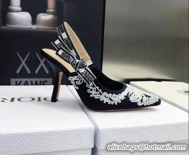 Stylish Dior J'Adior Slingback Pumps 9.5cm in Deep Blue and White Cornely-Effect Embroidery 021906