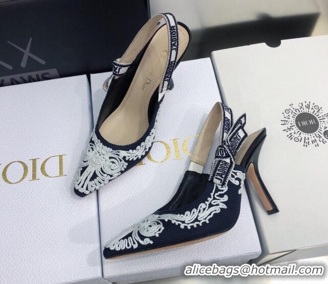 Stylish Dior J'Adior Slingback Pumps 9.5cm in Deep Blue and White Cornely-Effect Embroidery 021906