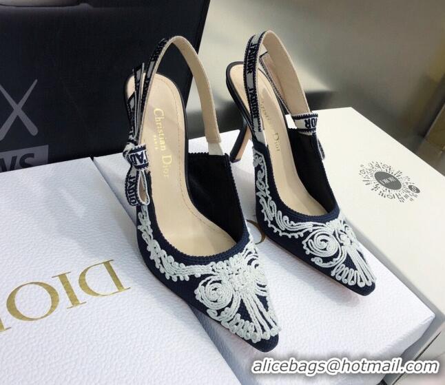 Stylish Dior J'Adior Slingback Pumps 9.5cm in Deep Blue and White Cornely-Effect Embroidery 021906