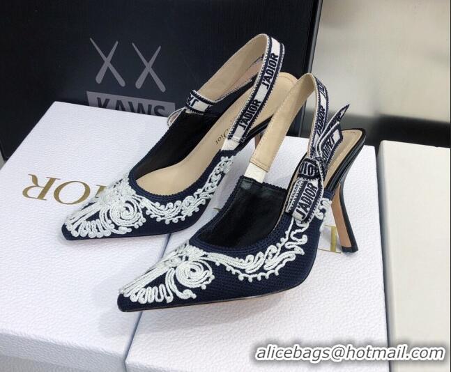 Stylish Dior J'Adior Slingback Pumps 9.5cm in Deep Blue and White Cornely-Effect Embroidery 021906