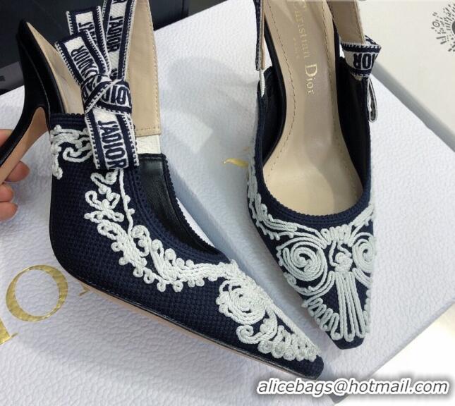 Stylish Dior J'Adior Slingback Pumps 9.5cm in Deep Blue and White Cornely-Effect Embroidery 021906