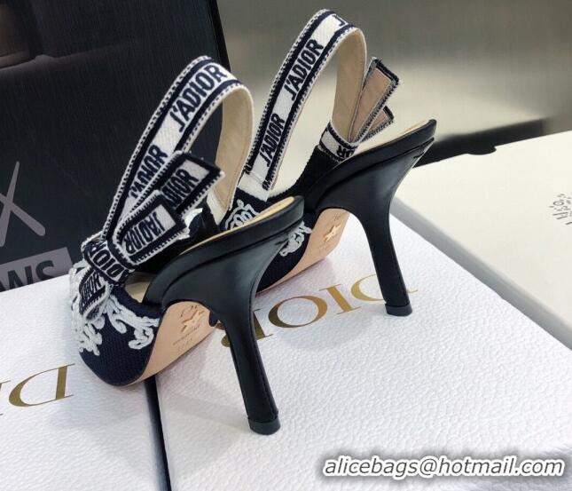 Stylish Dior J'Adior Slingback Pumps 9.5cm in Deep Blue and White Cornely-Effect Embroidery 021906