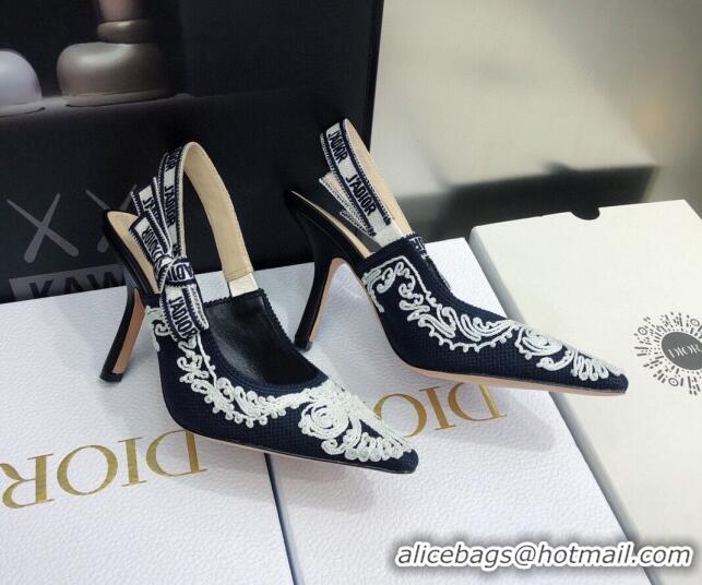 Stylish Dior J'Adior Slingback Pumps 9.5cm in Deep Blue and White Cornely-Effect Embroidery 021906