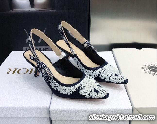 Good Product Dior J'Adior Slingback Pumps 6.5cm in Deep Blue and White Cornely-Effect Embroidery 021907