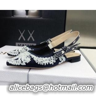 Charming Dior J'Adior Slingback Ballerina Flat in Deep Blue and White Cornely-Effect Embroidery 021908