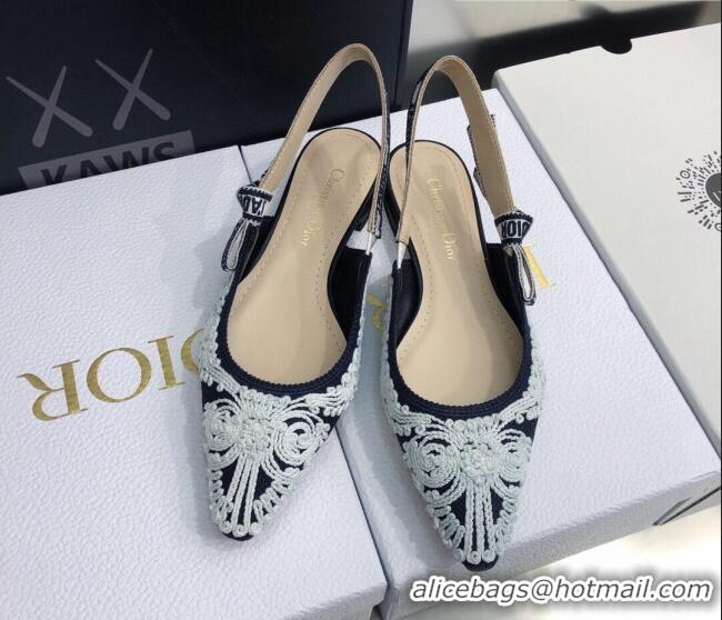 Charming Dior J'Adior Slingback Ballerina Flat in Deep Blue and White Cornely-Effect Embroidery 021908