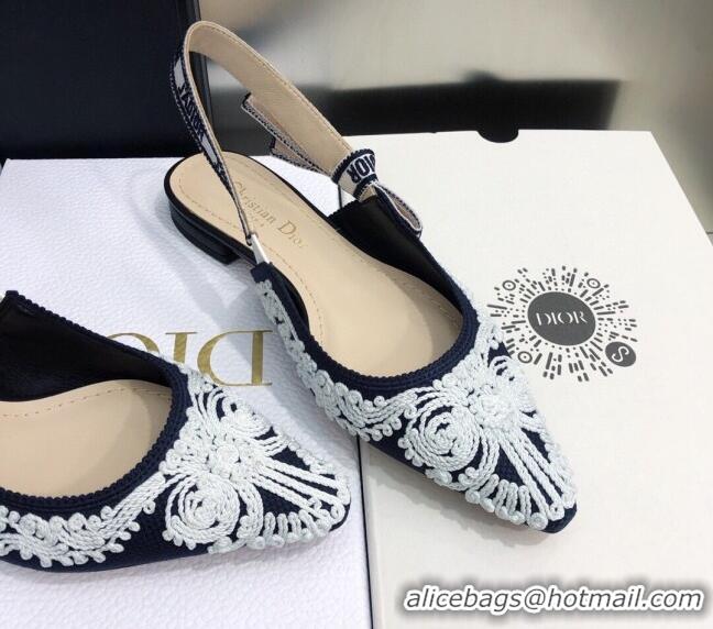 Charming Dior J'Adior Slingback Ballerina Flat in Deep Blue and White Cornely-Effect Embroidery 021908