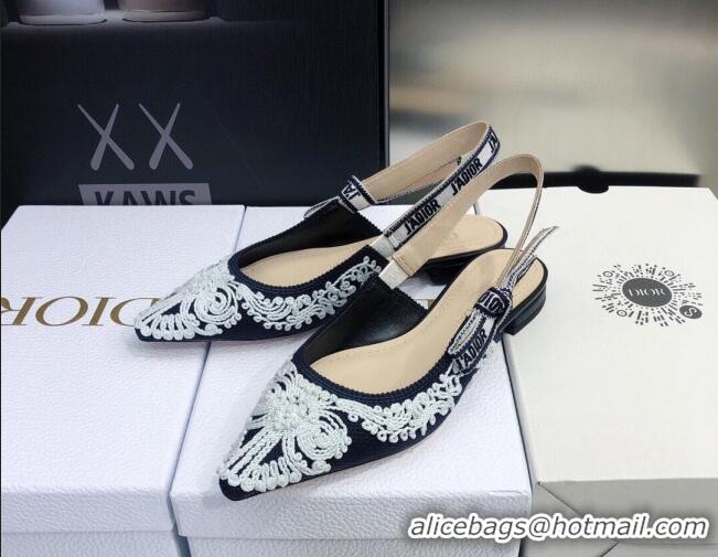 Charming Dior J'Adior Slingback Ballerina Flat in Deep Blue and White Cornely-Effect Embroidery 021908