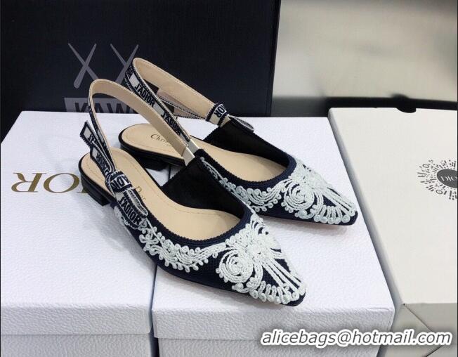 Charming Dior J'Adior Slingback Ballerina Flat in Deep Blue and White Cornely-Effect Embroidery 021908