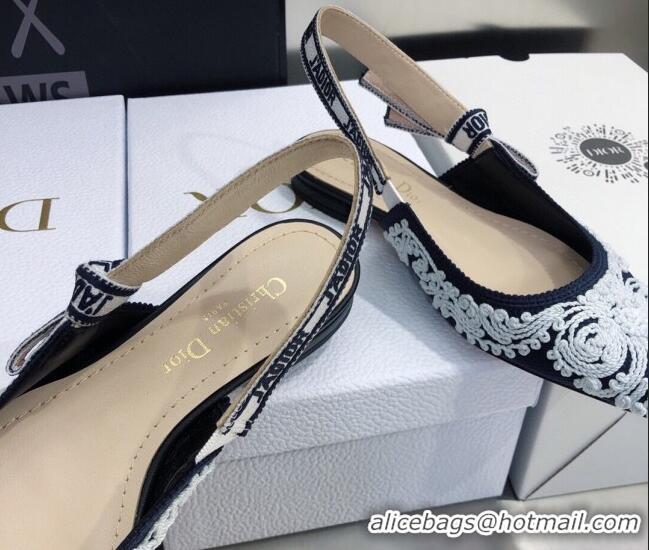 Charming Dior J'Adior Slingback Ballerina Flat in Deep Blue and White Cornely-Effect Embroidery 021908