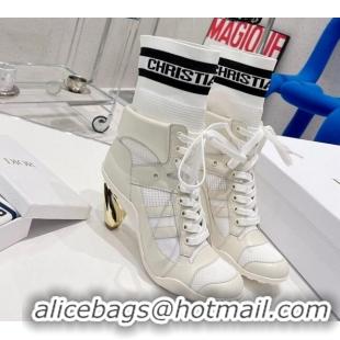 Unique Discount Dior D-Zenith Heeled Ankle Boots 8cm in White Calfskin and Deep Blue Technical Knit 030567