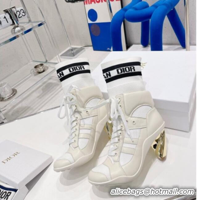 Unique Discount Dior D-Zenith Heeled Ankle Boots 8cm in White Calfskin and Deep Blue Technical Knit 030567