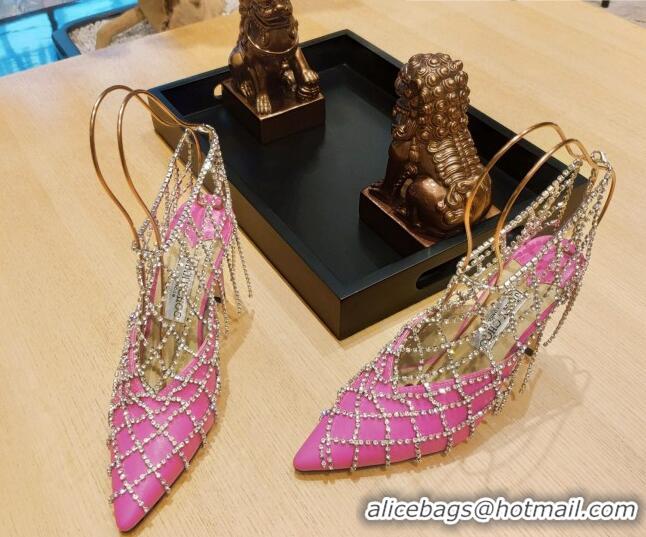 Promotion Jimmy Choo Scotty Calfskin High Heel Mules 10.5cm with Crystal Tassel Pink 030720