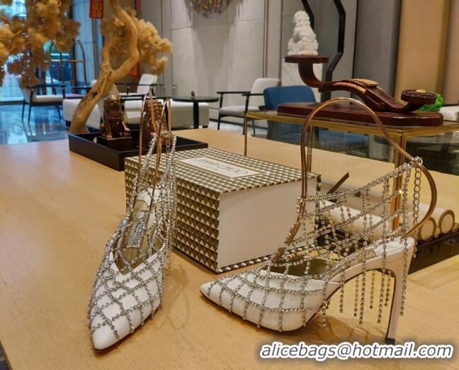 Classic Practical Jimmy Choo Scotty Calfskin High Heel Mules 10.5cm with Crystal Tassel 030720 White