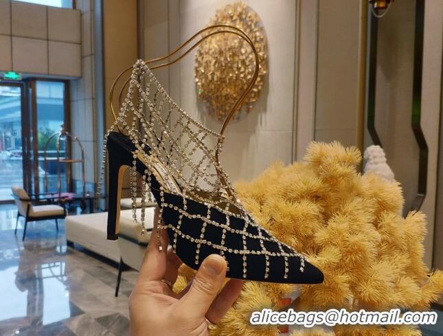 Good Taste Jimmy Choo Scotty Suede High Heel Mules 10.5cm with Crystal Tassel Black 030723