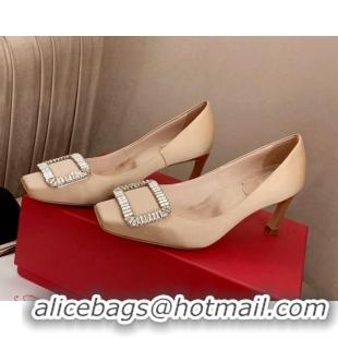 Top Grade Roger Vivier Satin Crystal Buckle Pumps 7cm Beige 022117